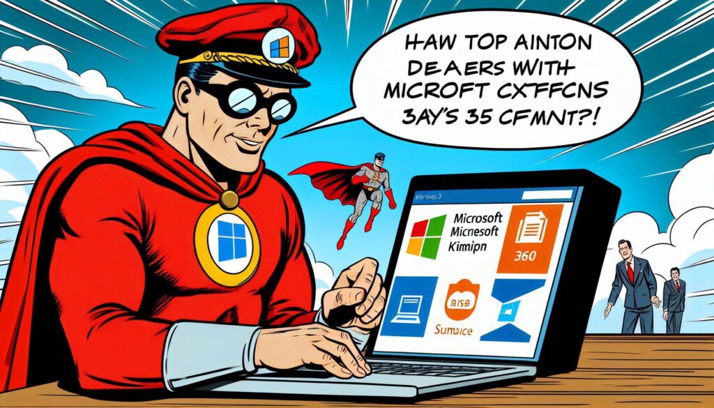 Superman beschaäftigt sich mit Microsoft 365 und Copilot. Sitz vor dem Laptop und lernt