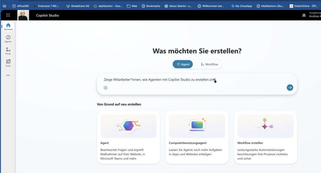 Die Copilot Studio Oberfläche zum Erstellen eines Agents