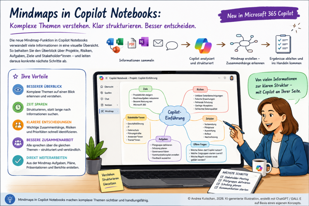Bild mit einer Comiczeichnung zeigt: Copilot Notebooks sind KI-gestützte Arbeitsbereiche in Microsoft 365. Illustration zu Microsoft 365 Copilot-Agenten in der Windows-Taskleiste mit Schritt-für-Schritt-Darstellung eines KI-Workflows im Büroalltag.