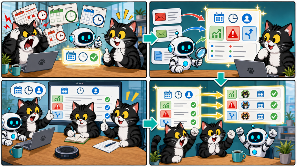 Im Katzenbüro wird ein Meeting mit KI vorbereitet. Ein Comic mit 4 Szenen