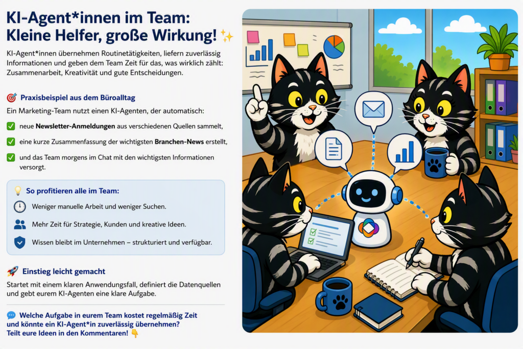 Eine schwarz-weiß gestreifte Cartoon-Katze sitzt an einem Schreibtisch vor einem Computer. Neben der Katze stehen ein Schild mit Schloss-Symbol, ein Aktenordner und ein freundlicher KI-Assistent. Die Katze prüft sorgfältig Dokumente, bevor Informationen an die KI weitergegeben werden. Leuchtende Farben, freundlicher Comic-Stil,