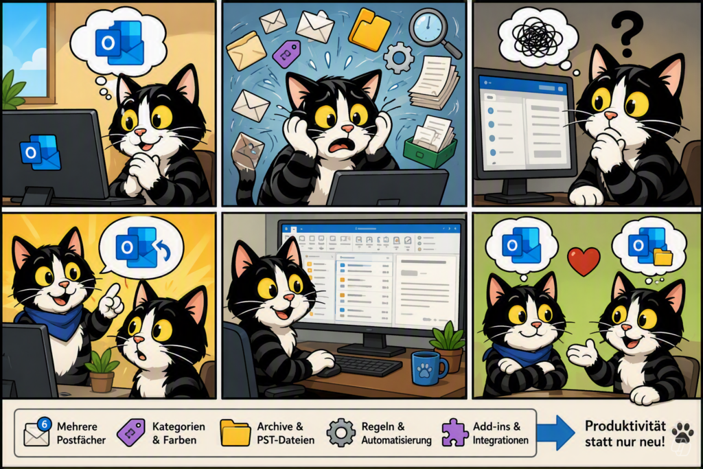 Zwei schwarz-weiß gestreifte Cartoon-Katzen mit großen gelben Augen sitzen vor zwei Computern. Auf dem einen Bildschirm wirkt die Katze verwirrt, weil um sie herum Postfächer, Kategorien, Archive und Regeln durcheinanderwirbeln. Die andere Katze sitzt entspannt vor ihrem Arbeitsplatz und arbeitet konzentriert. Leuchtende Farben, freundlicher Comic-Stil, dicke schwarze Outlines,
